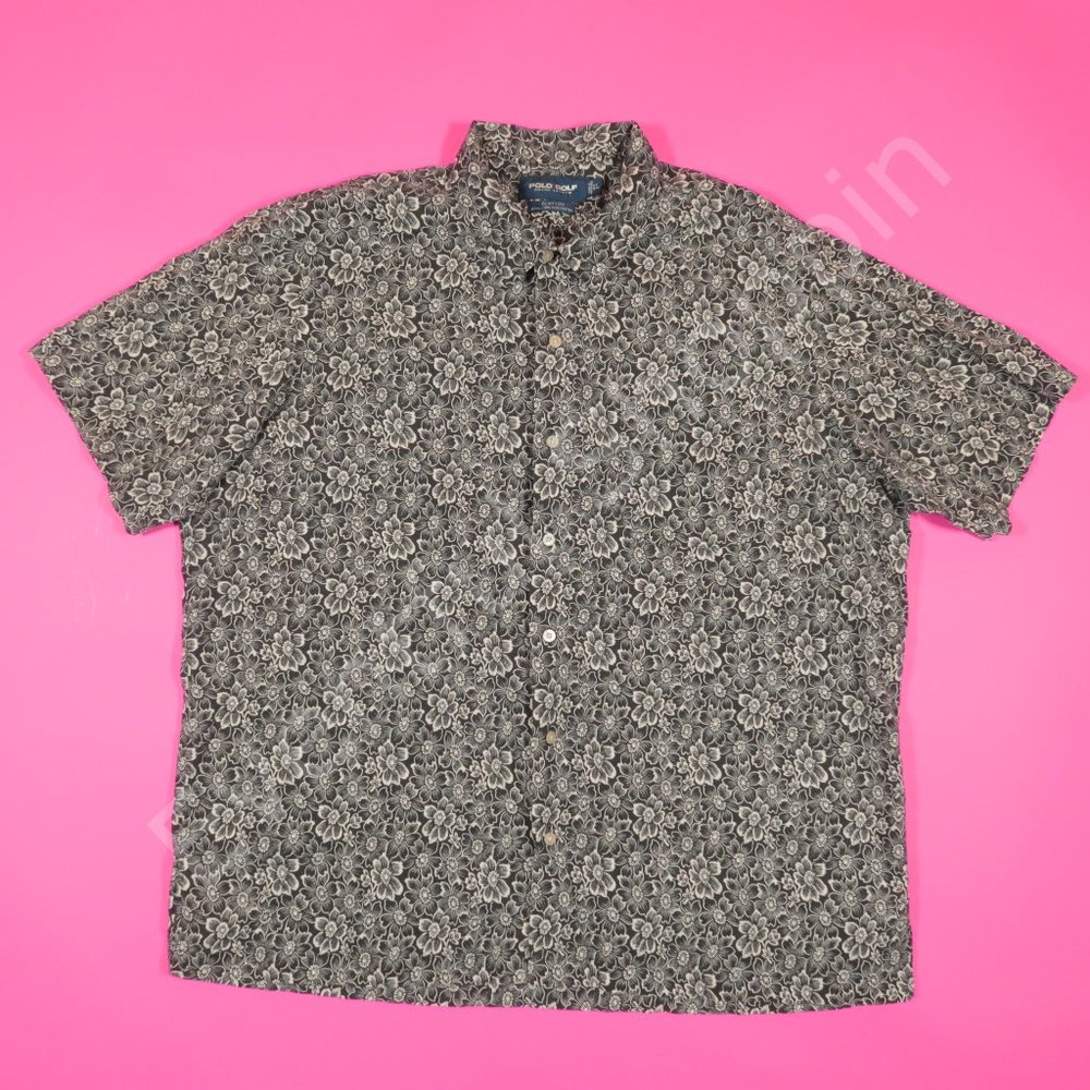 Polo Golf Ralph Lauren Vintage 1990s Linen Cotton Hibiscus Sport Shirt Size XL - Picture 2 of 5